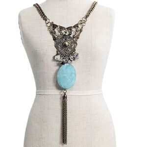 Medallion BUCKLE  BKE Statement Boho Fringe Blue  Stone Necklace Gypsy